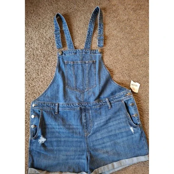 Denim Jean Bib Overall Shorts Womens Size XL Old Navy Distressed Cuffed Bibs New - Picture 5 of 7